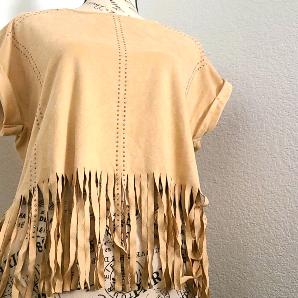 Romeo & Juliet Couture Tan Fringe Faux Suede Top